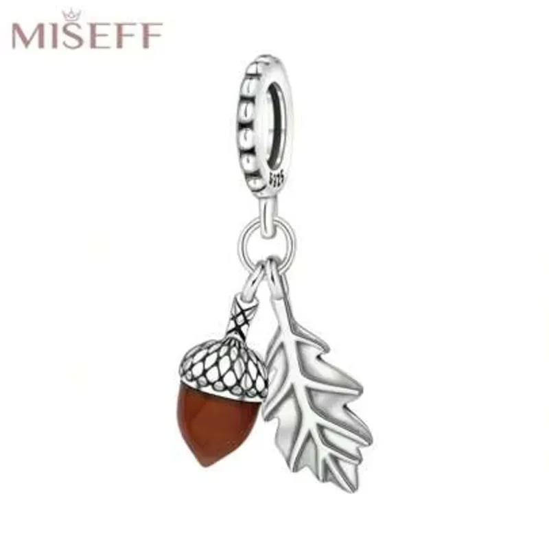 Genuino Plata de Ley S925 Dije Exquisito Hoja de Otoño Bellota para Pulsera