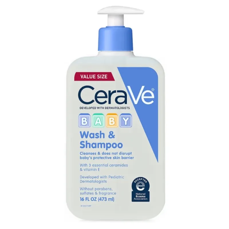 CeraVe Baby Champú y Gel de Baño 2 en 1 con Vitamina E para Cabello y Piel, 473 ml