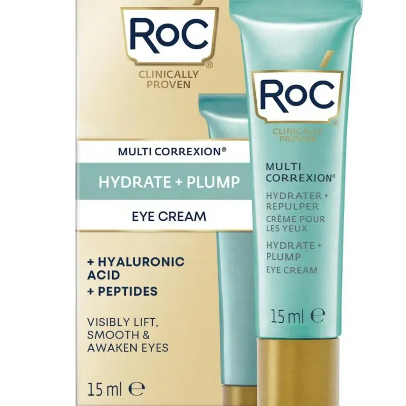 Contorno de ojos Roc contiene cafeína, ácido hialurónico y péptidos. 