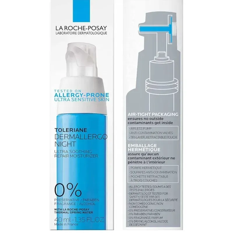 Crema facial de noche, hidratante calmante intenso, con vitamina E, para pieles sensibles, La Roche Posay 