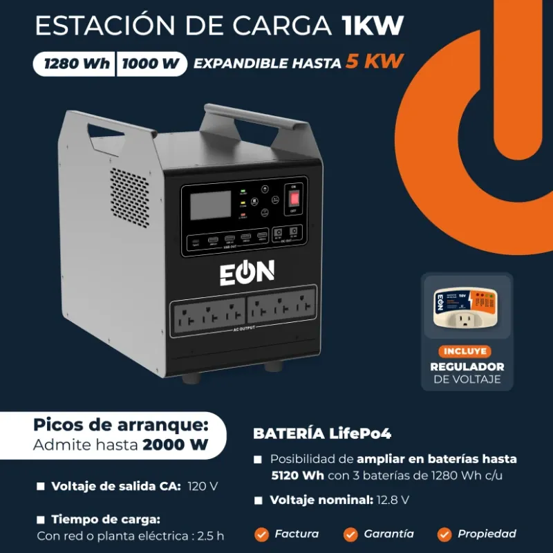 Estación de Carga 1KW 1280 Wh 1000 W expandible hasta 5 KW, con protector de voltaje