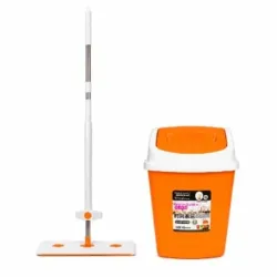 Fregona Plana Plegable Con Mango Extensible + Papelera Plastica Con Tapa Basculante 12 L Naranja