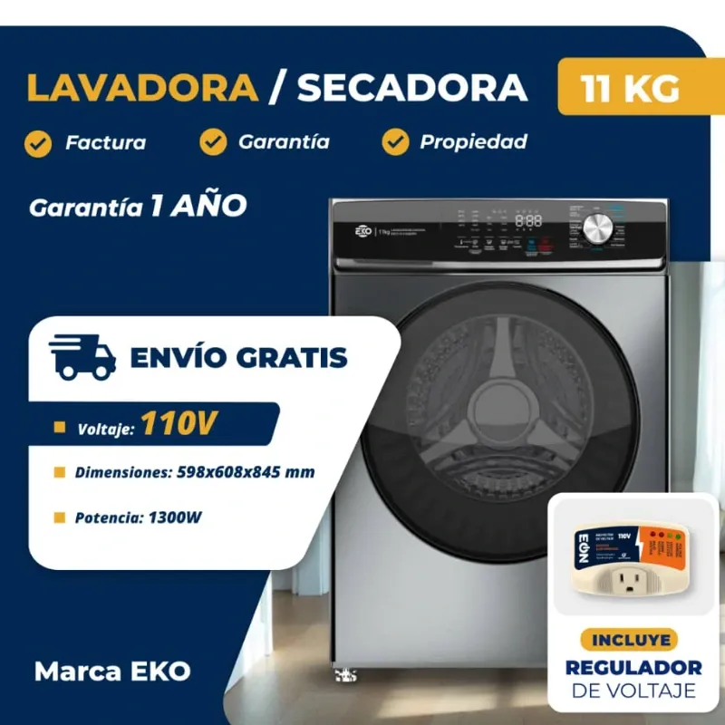 Lavadora/Secadora a Vapor de 11 Kg Eko, incluye protector de voltaje