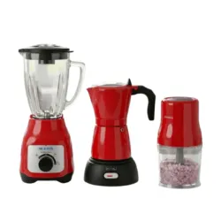 Licuadora Vaso Vidrio 550W ROJA + Cafetera Eléctrica Roja + Miniprocesador Decakila