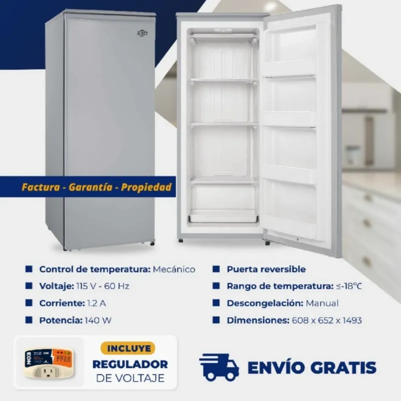 Nevera de vertical Eko de 8.5 pies Gris, con protector de voltaje