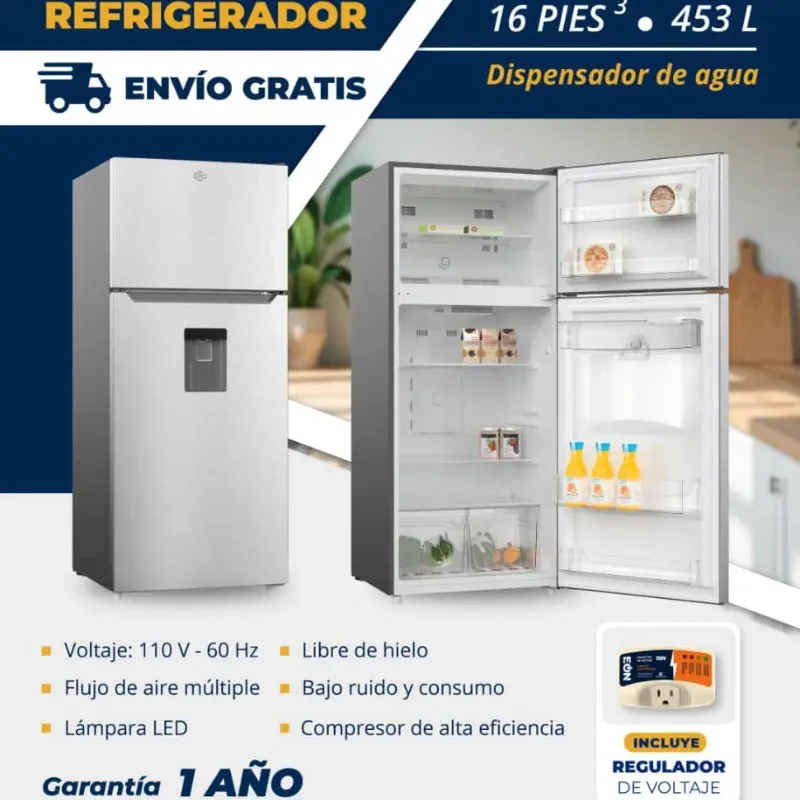 Refrigerador de 16 pies Eko, no Frost, con dispensador, con protector de voltaje incluido