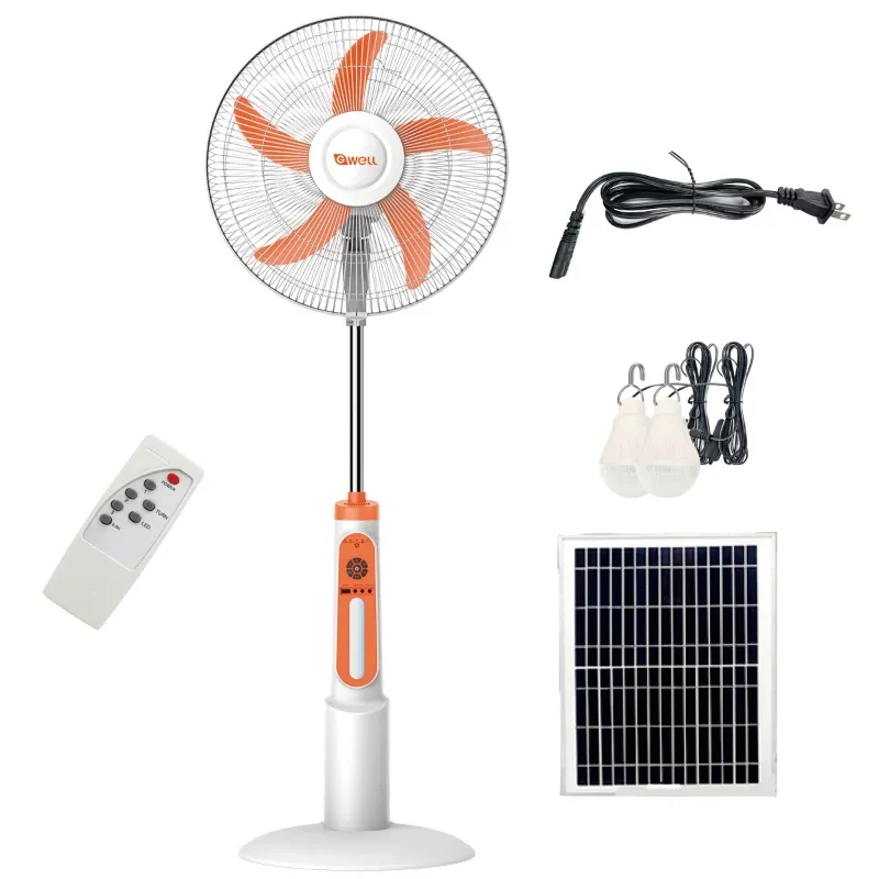 Ventilador de Pedestal Recargable GWELL 16″ + Panel Solar + 2 Bombillas LED (12V)