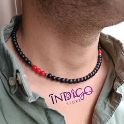 Collar de perlas negras y rojas para hombre