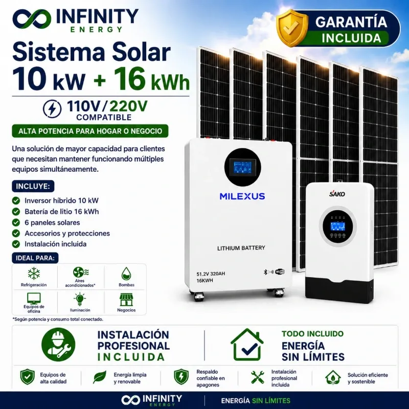 Kit Solar 10 kW + Batería LiFePO₄ 16 kWh + 6 Paneles Solares — 110V/220V