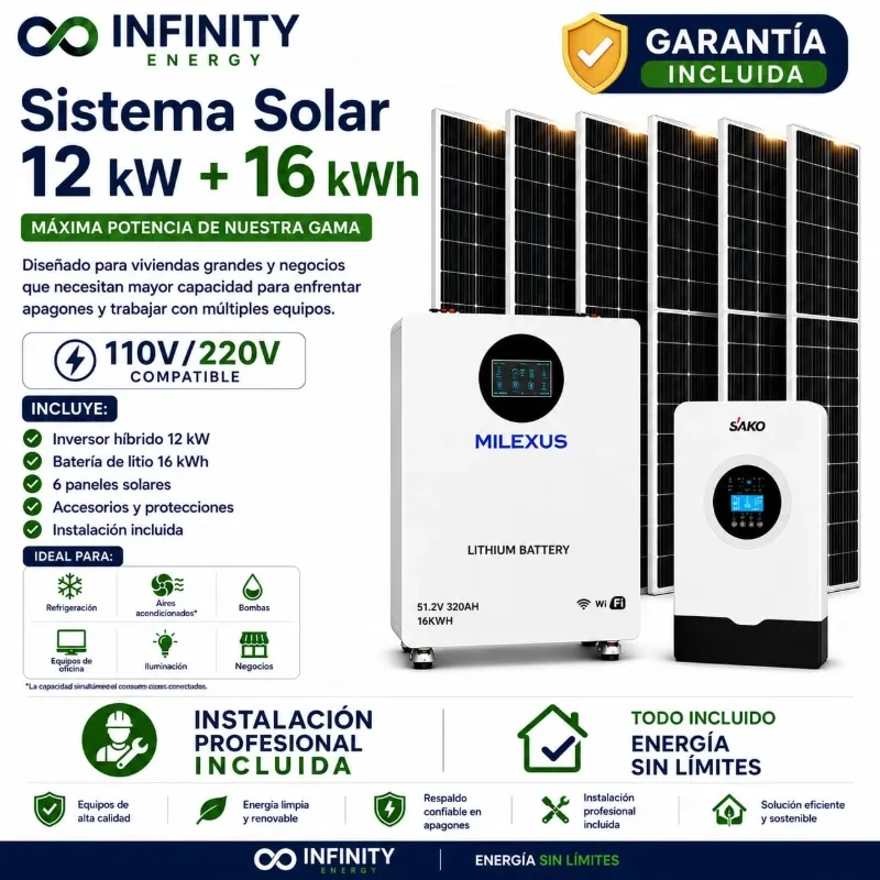 Kit Solar 12 kW + Batería LiFePO₄ 16 kWh + 6 Paneles Solares — 110V/220V