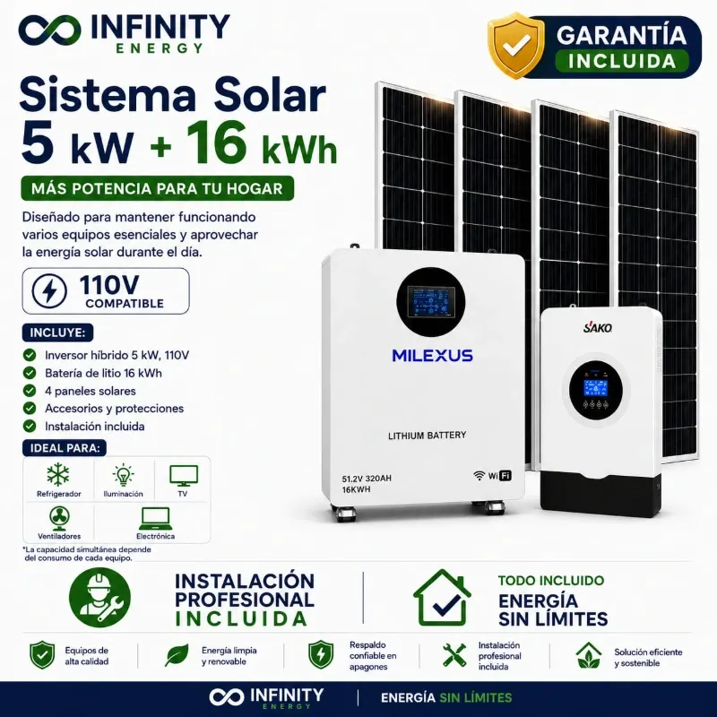 Kit Solar 5 kW + Batería LiFePO₄ 16 kWh + 4 Paneles Solares