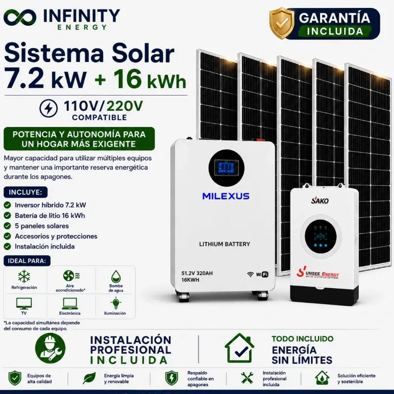 Kit Solar 7.2 kW + Batería LiFePO₄ 16 kWh + 5 Paneles Solares — 110V/220V