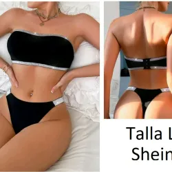 Conjunto de top e hilo, negro y plateado con brillos,