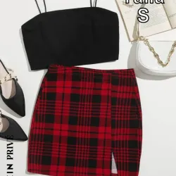 Conjunto saya de cuadro y tops negro