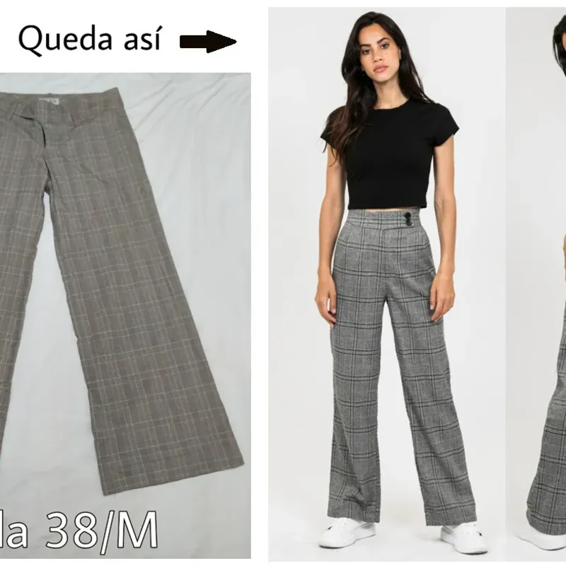 Pantalón gris de cuadros campana, de vestir. 