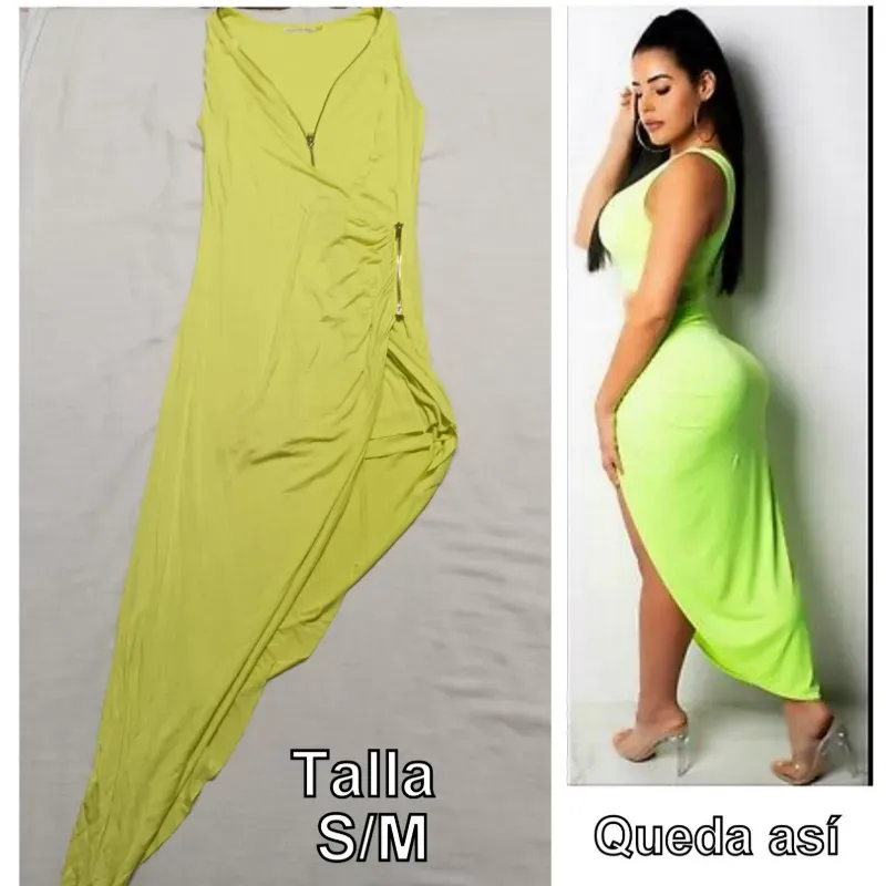  Vestido amarillo, con pierna descubierta. 