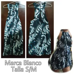 Vestido estampado azul, blanco y negro,