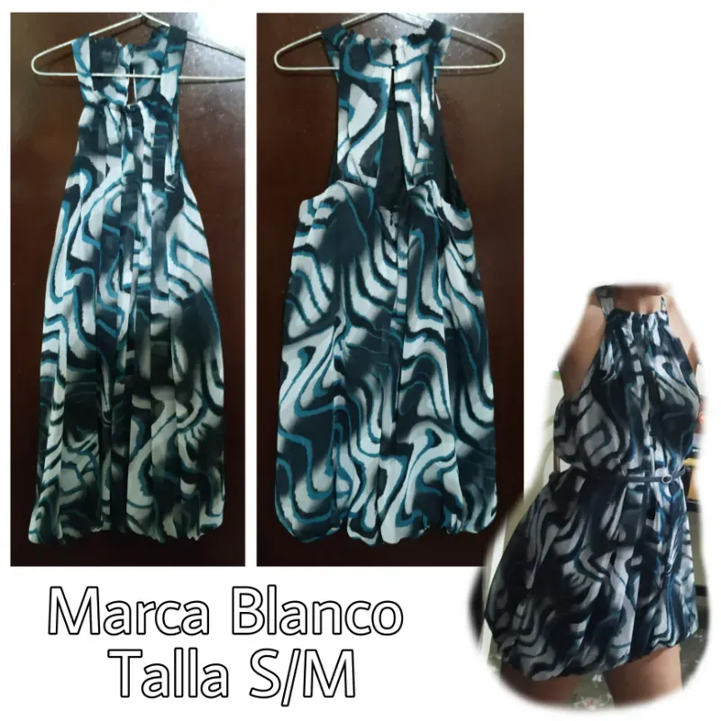 Vestido estampado azul, blanco y negro,
