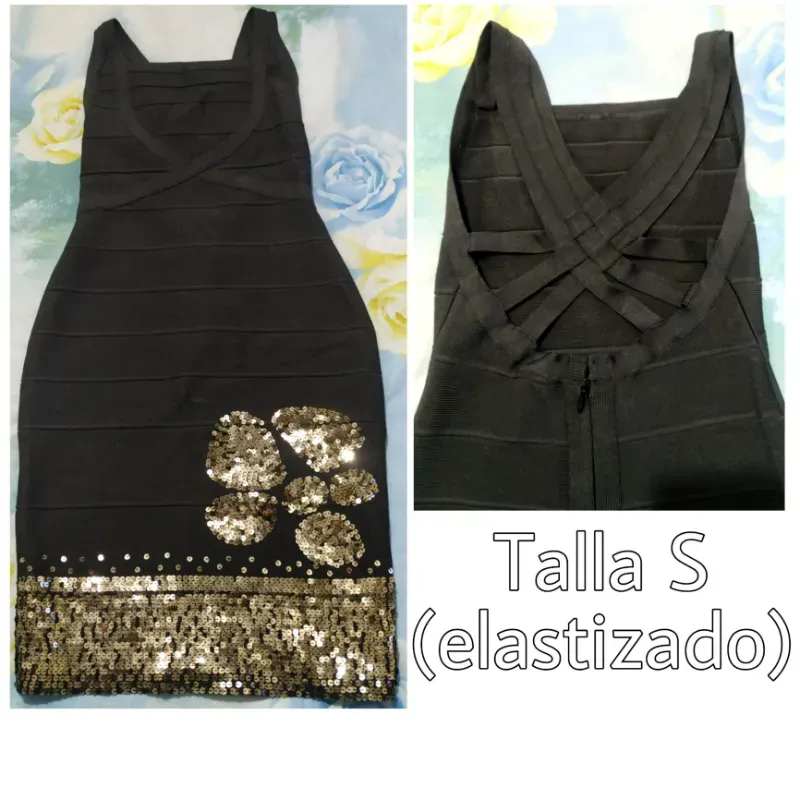 Vestido marrón con lentejuelas, elastizado de espalda afuera. 