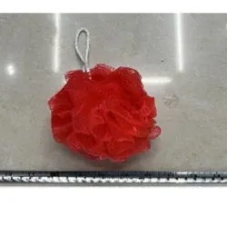 esponja redonda de baño con asa  25 gramos, red gruesa, mezcla de 5 - 6 colores,  12pzas /bols plástica