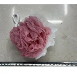  Esponja redonda de baño con asa  50 gramos, doble color, malla fina, mezcla de 5 -  6 colores,  12pzas /bols plástica