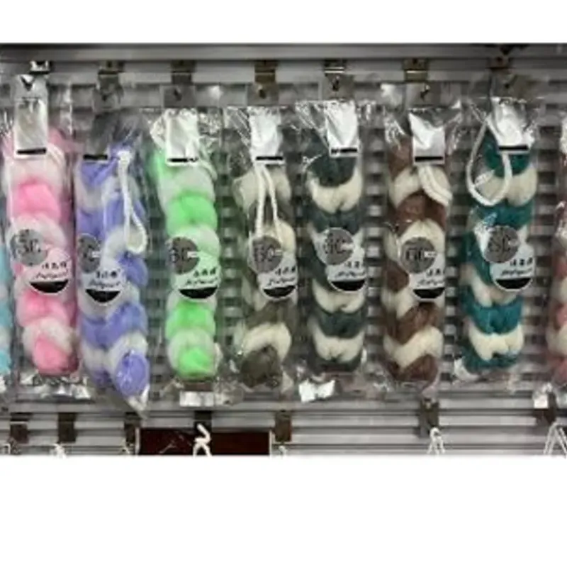  Esponjas trenzadas para bañarse，80 gramos,  color claro 4 colores mezclados,  1 pza /bolsa plástica.