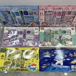 SET DE PAPELERIA POR 9;  VERDE*24SET,MORADO*24S  ET,CELESTE*24SET,AMARILL  O*24SET,AZUL  *24SET,ROSADO *24SET;  2 LÁPICES DE MADERA，1  TAPA PLÁSTICA， 1SACAPUNTA DE PLÁSTICO  Y HIERRO,1 LAPIZ  PLÁSTICO,1 MINA DE LÁPIZ,1  GOMA，1 LIBRO