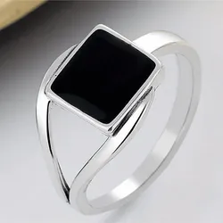 Anillo de diseño cuadrado negro único de plata de ley 925