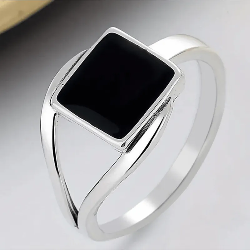 Anillo de diseño cuadrado negro único de plata de ley 925