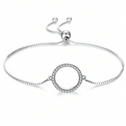 Brazalete ajustable para mujer de plata de ley 925 con cadena delgada y adorno redondo