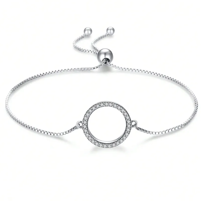 Brazalete ajustable para mujer de plata de ley 925 con cadena delgada y adorno redondo