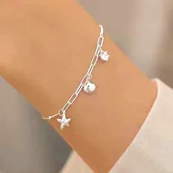 Brazalete de plata esterlina 925 con borla con estrella de mar y concha 