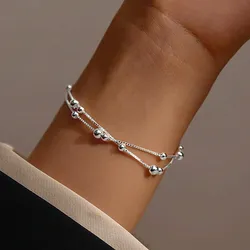 Brazalete minimalista de doble capa de bola lisa de plata de ley 925
