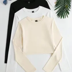 Camiseta casual y versátill  de mangas largas y cuello  redondo en unicolor