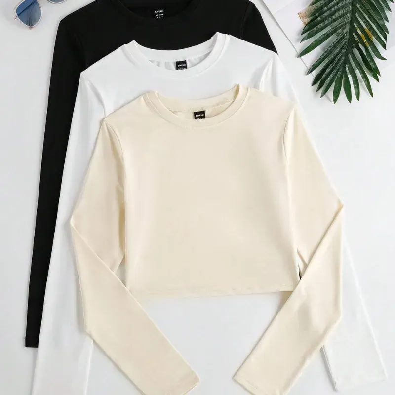 Camiseta casual y versátill  de mangas largas y cuello  redondo en unicolor