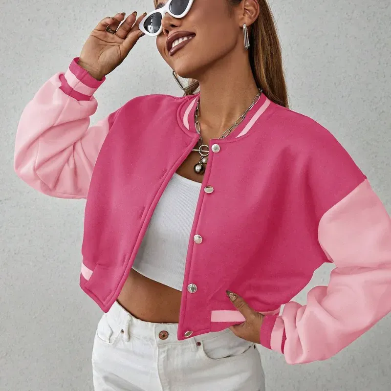  Chaqueta corta de hombros caídos de  dos colores, estilo universitario