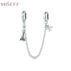Charm de seguridad de avión y Torre Eiffel de plata esterlina 925 con cadena de seguridad y tapón de silicona para pulseras