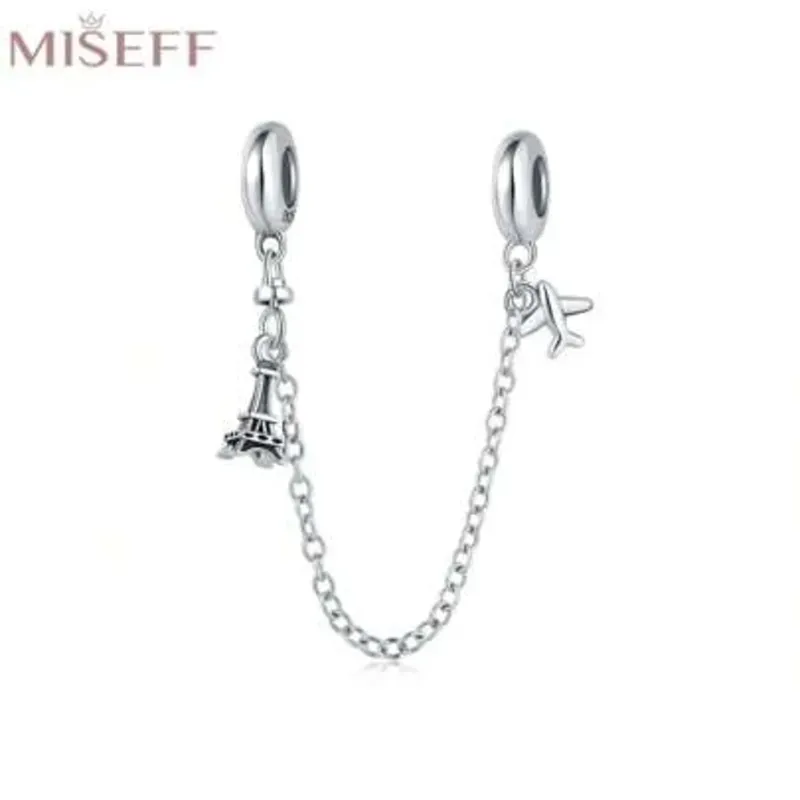 Charm de seguridad de avión y Torre Eiffel de plata esterlina 925 con cadena de seguridad y tapón de silicona para pulseras
