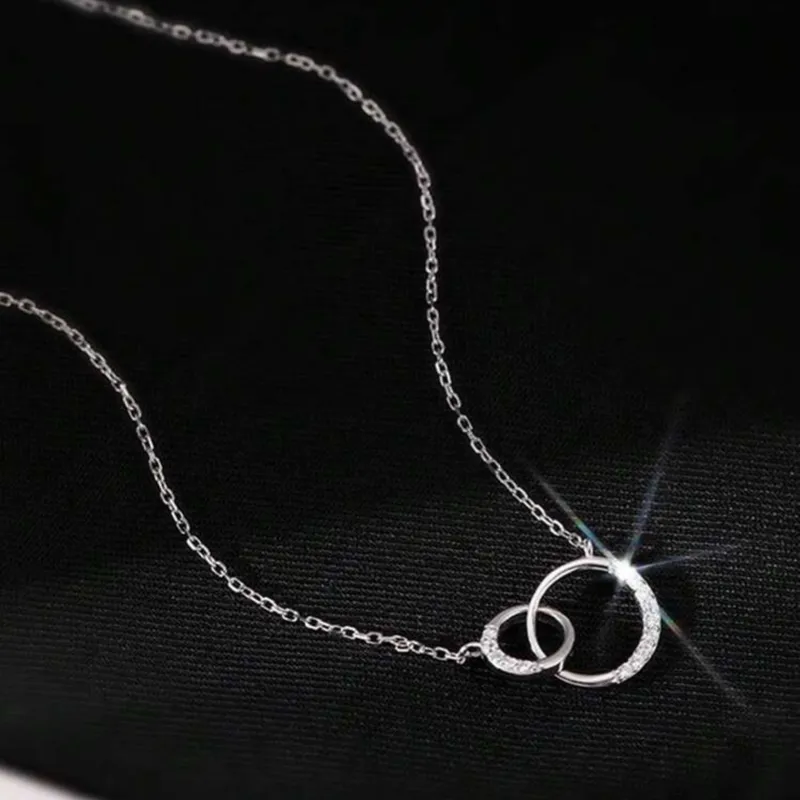 Collar de plata de ley 925 con diamantes de moda y doble circulo cruzado