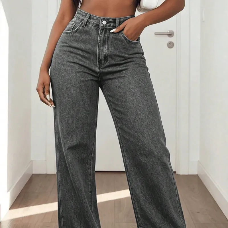Pantalón de Tiro Alto Pierna Recta en Gris L1510
