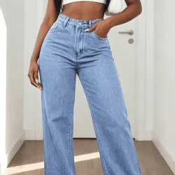 Pantalón de Tiro Alto Pierna Recta en Mezclilla Media L1511