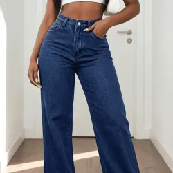 Pantalón de Tiro Alto Pierna Recta en Mezclilla Oscura L15-8A