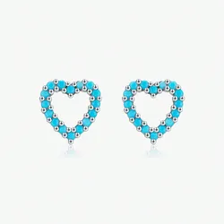 Pendientes de botón de plata de ley 925 con corazones de turquesa exquisitos y románticos. 