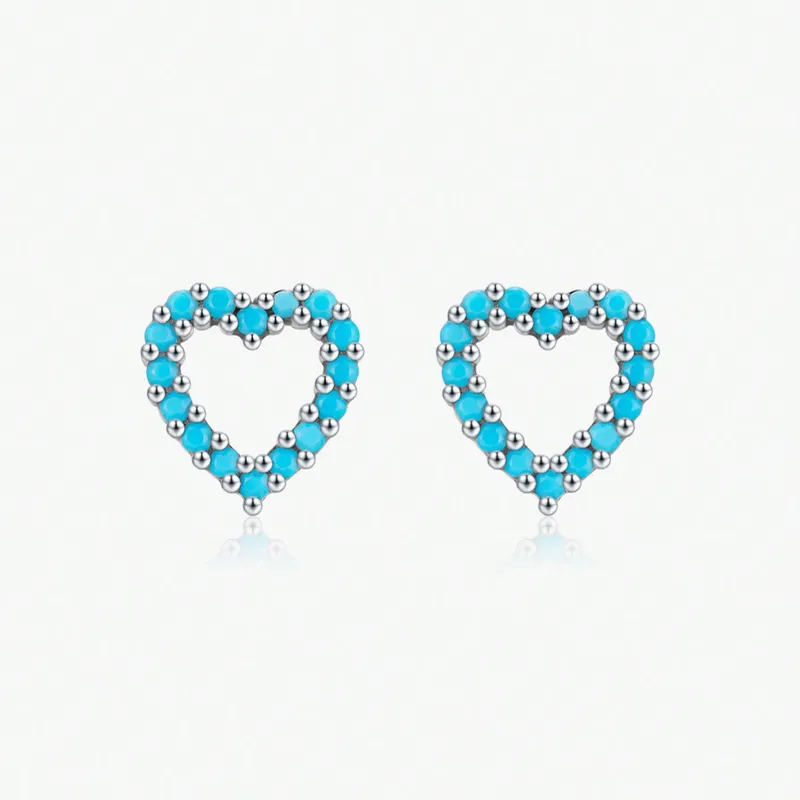 Pendientes de botón de plata de ley 925 con corazones de turquesa exquisitos y románticos. 