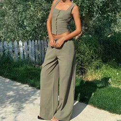 Set de 2 piezas con top de botones y pantalones largos con cordón en la cintura