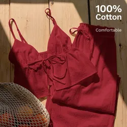 Set de Algodón Top con Amarre Delantero y Pantalones Rojo Vino L15-45