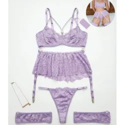 Set de lencería de encaje detalle de perla 5 piezas
