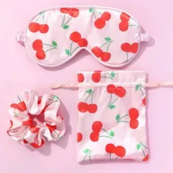 Set de scrunchie, antifaz y bolsa de almacenamiento estampado de cereza