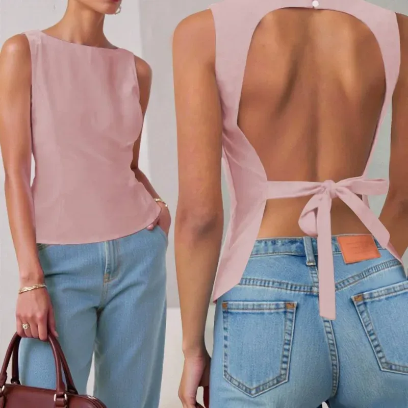 Top sin espalda de unicolor  con cordones sexy y simple para mujer