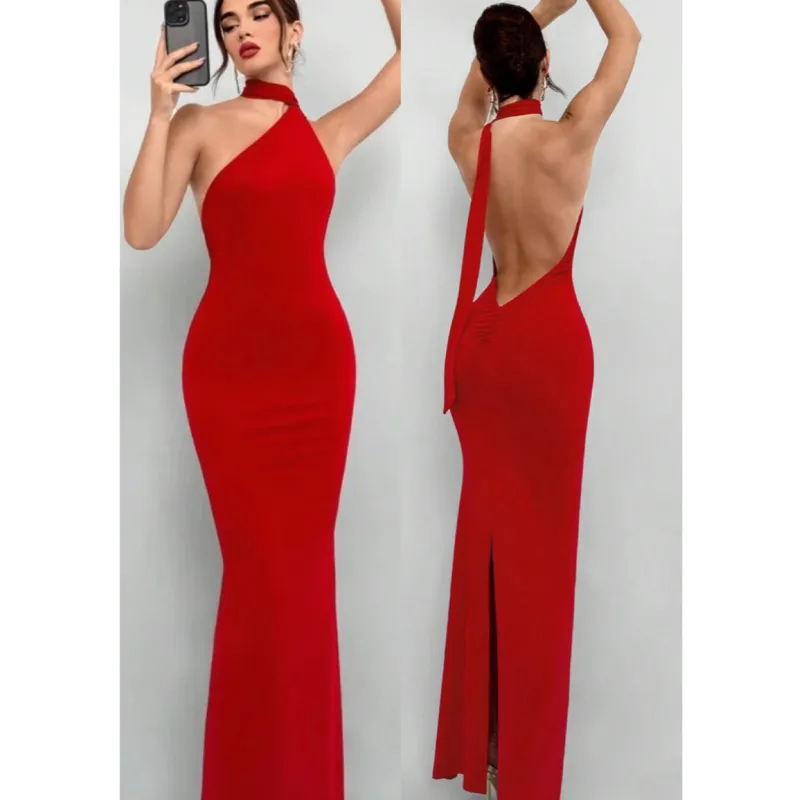 Vestido rojo sólido sin espalda  con corte halter para citas, Navidad,  fiestas